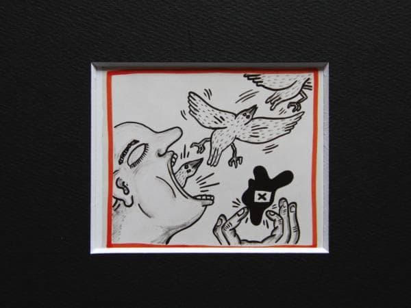 Keith Haring、No.158、希少画集画、新品額装付、状態良好 Keith Haring (Handmade) Drawing On old Paper Signed & Stamped, Vtg