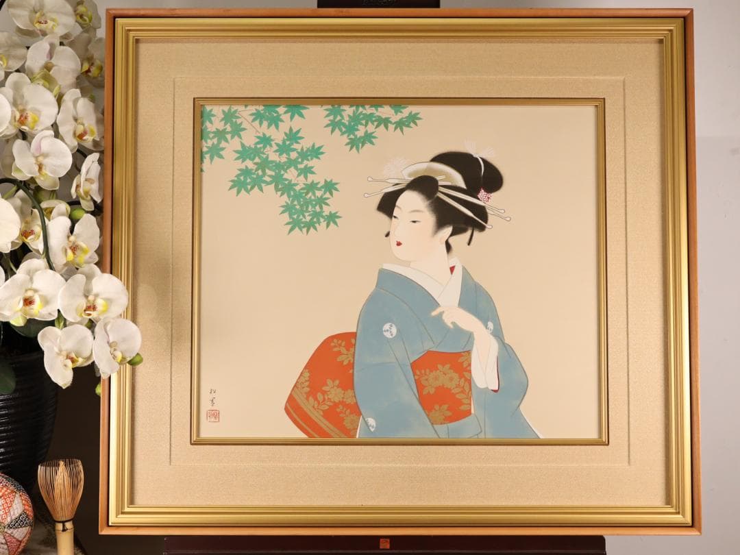 【真作】　上村松園 「 若葉 」　10号　日本画　シルクスクリーン　BK174 上村松園「しぐれ」シルクスクリーン :: 絵画買取・販売 - シバヤマ