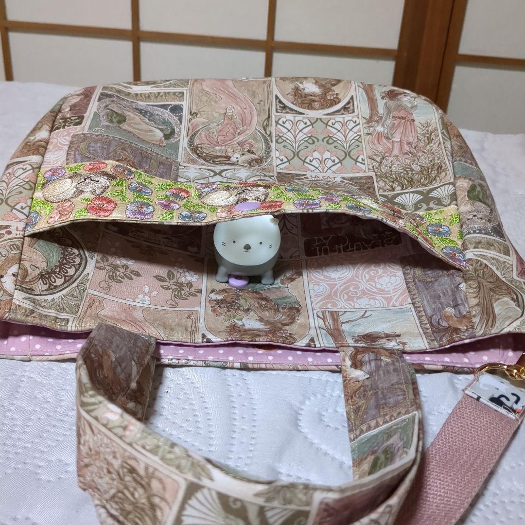 専用…ミュシャ風猫柄…猫インド刺繍付き トートバッグ…アンテークピンク系
