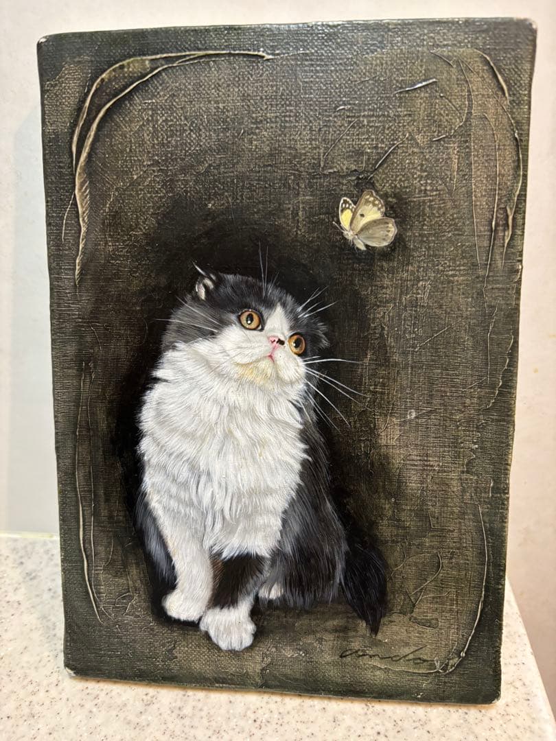 猫と蝶のアクリル画　キャンパス地 ご予約品 【猫の絵】 絵画 イラスト アクリル画 キャンバスアート