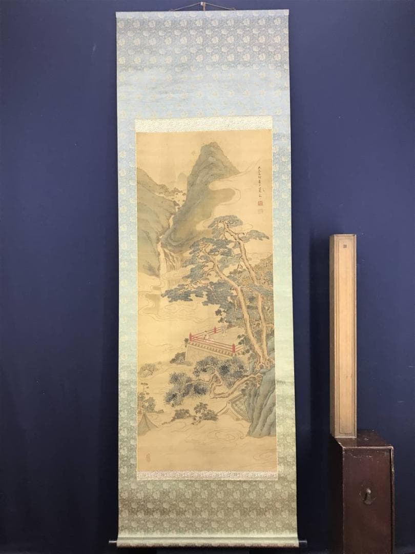 真作】晃文/青緑山水人物図/大正時代/高士人物図/掛軸☆宝船☆AD-495