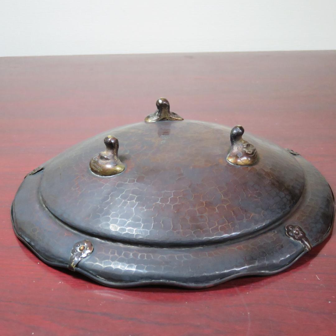 銅蟲鎚目 雲龍図三足菓子器 毛織雲龍図三足盆 菓子盆 菓子器 共箱 木箱
