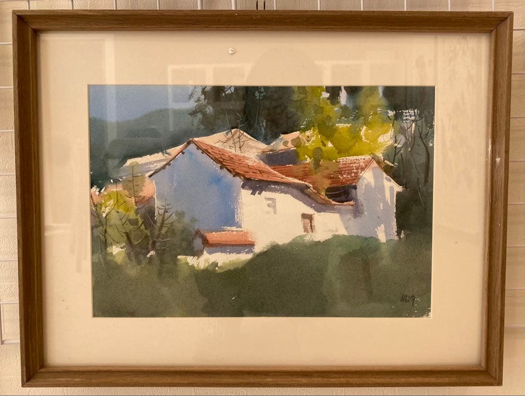 水彩画 風景画 サイン入り 木製フレーム 優しい空 風景画 水彩画 木と草原 原画 A4サイズフレーム入り 自然の絵