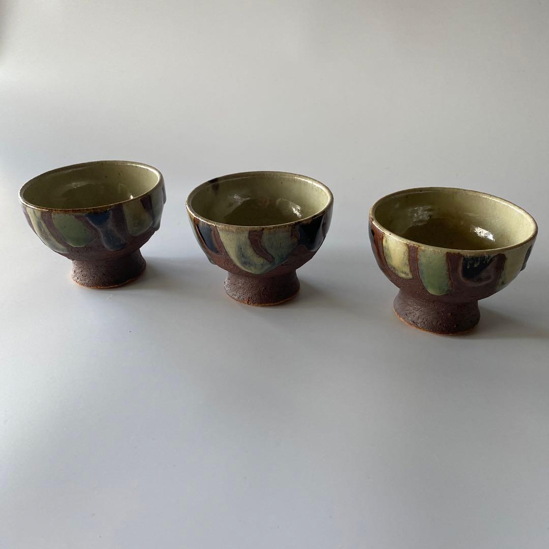 武内晴二郎 酒津堤窯 三色流掛湯呑 三客セット 民藝 柳宗悦 Vintage Japanese Folk Art: 湯呑 / 酒津堤窯(武内晴二郎) - Swimsuit