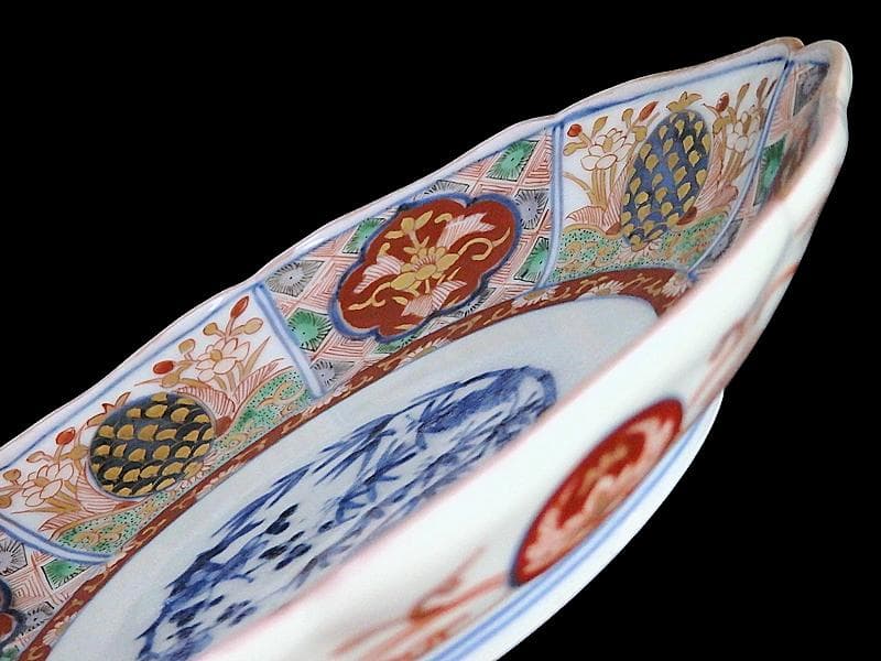 古伊万里 金襴手 松竹梅 菊花四方襷紋に花の図 6寸皿 N149AS-CYy