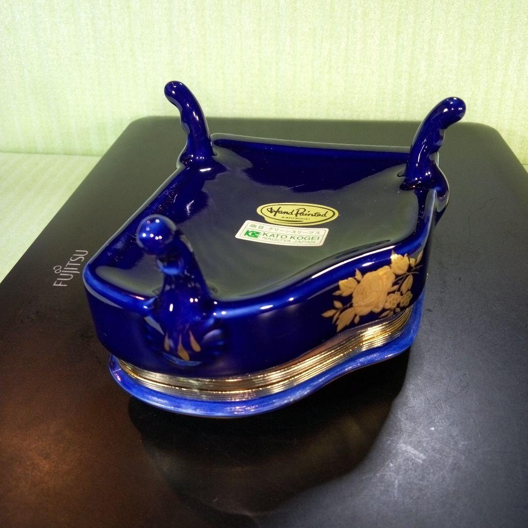 青いピアノ型オルゴール 花柄 KATO KOGEI グリーンスリーブス レア