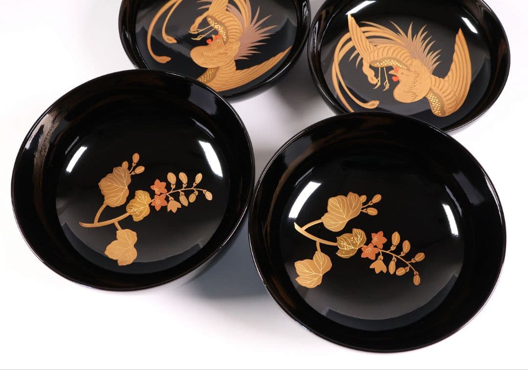 CM397】天然木漆塗 菊桐鳳凰金蒔絵 黒塗 煮物椀 二客