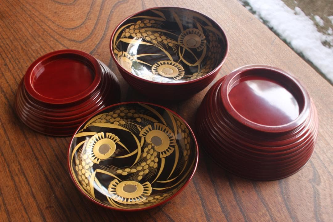 極小保管傷のみ！深みある糸目紅溜塗に極上稲穂福来雀蒔絵のお椀2点（検輪島塗雑煮椀 1e8e3d84bc5625b5808f73992f4741