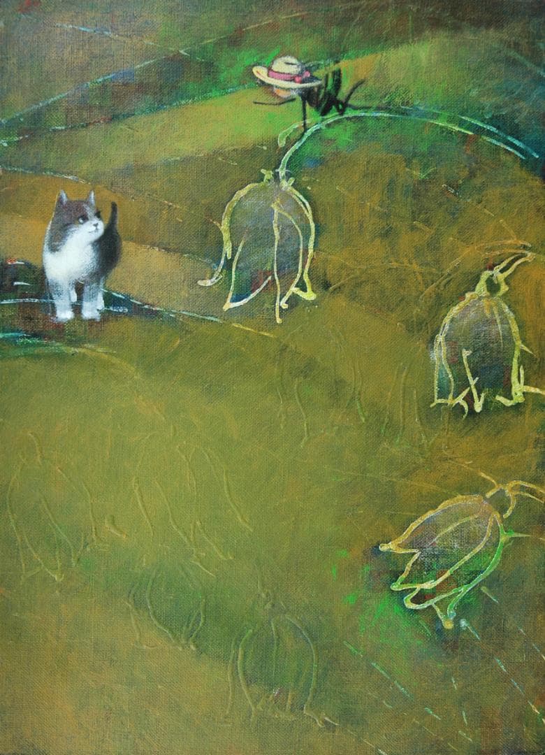 絵画額付( 青緑＋金色の枠) 油絵F4-030219 子猫（子犬）と女の子