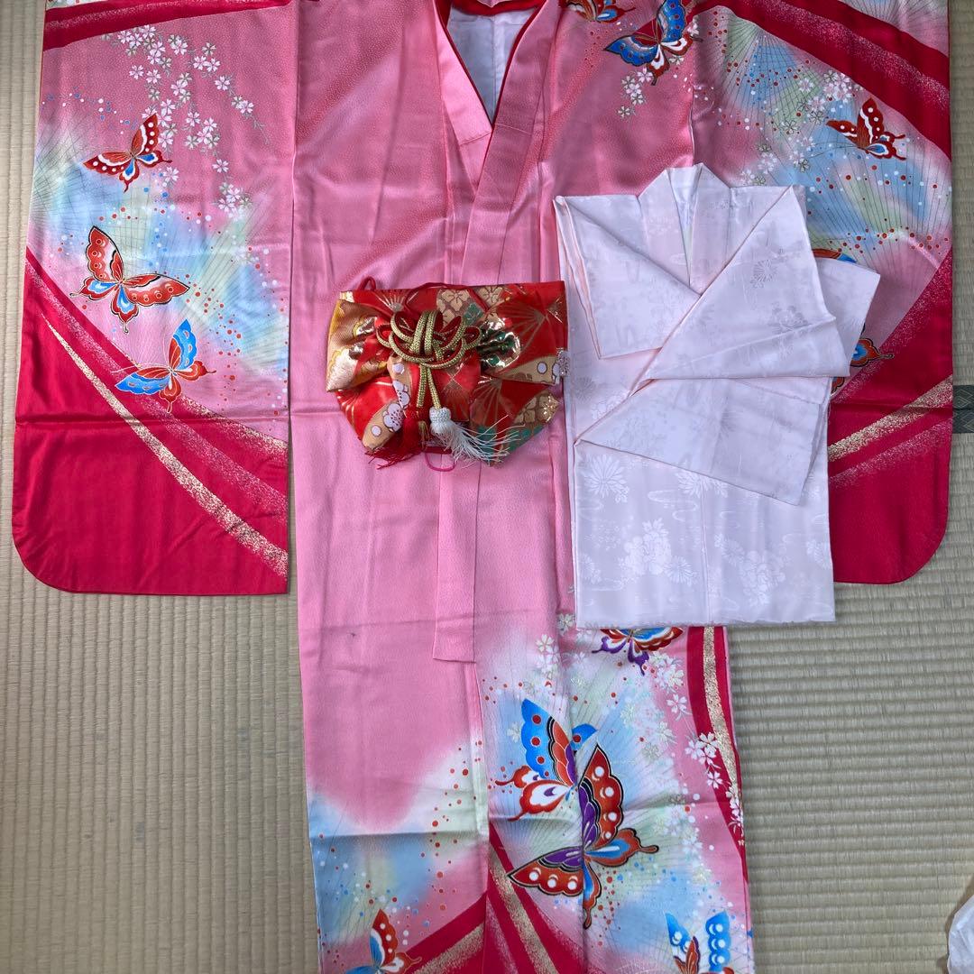 女の子　七五三　着物 ピンク 蝶模様 帯付き レンタル】七五三着物 3歳女の子 被布セット 和風館 コード刺繍 モダン