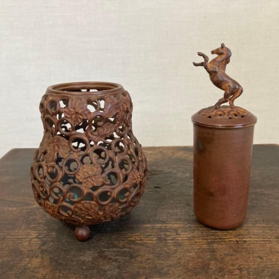 名取川雅司 高岡銅器 香炉 瓢箪 馬 干支 午 透し 置物 美術 工芸品