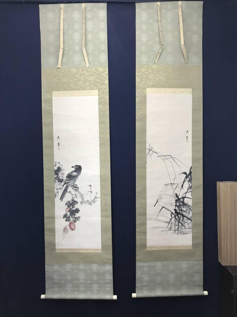 真作】渡辺南岳/芦鷺烏瓜に烏図/花鳥図/双福/掛軸/名家