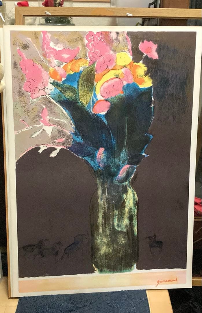 ★送料込★ 【リトグラフ／花 絵画】 ✰︎ 大型 ✰︎ フランス製 ポール・ギラマン ポール・ギヤマン 『花とバイオリン』 リトグラフ - 北海道画廊