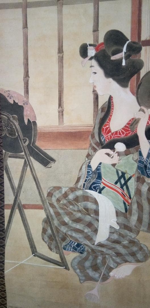 竹久夢二掛け軸(大きい）模写 竹久夢二 朝の光へ （F4サイズ）（紐・フック付） 日本の名画 約縦42