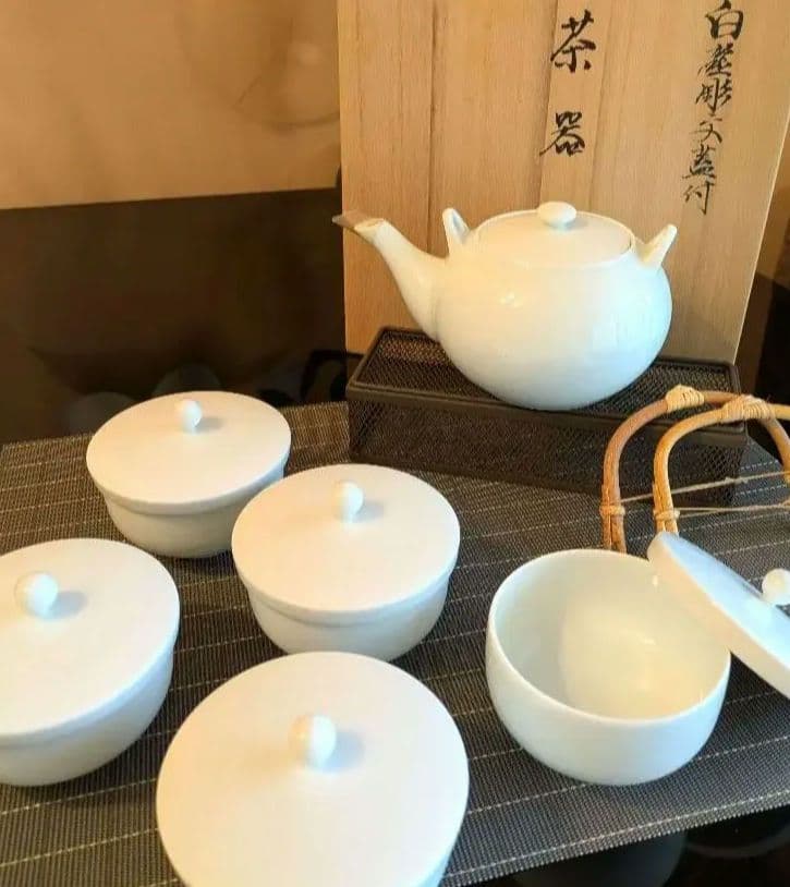 希少・未使用】人間国宝作品 井上萬二 白磁 蓋付湯呑5客＋急須 しおり