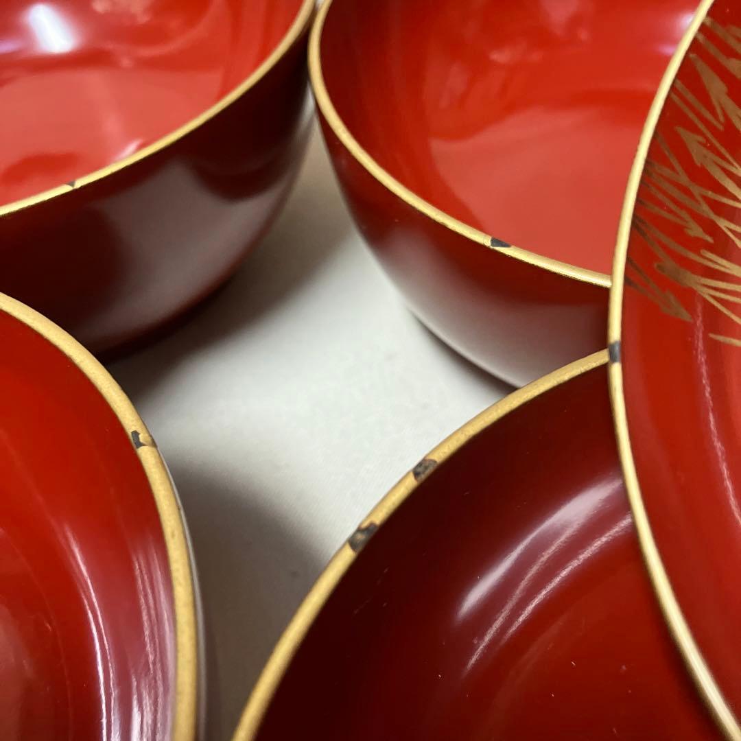 江戸時代 輪島塗 菓子椀 蓋付汁椀 5客 沈金蒔絵 木製漆器 漆 鶴 木箱付