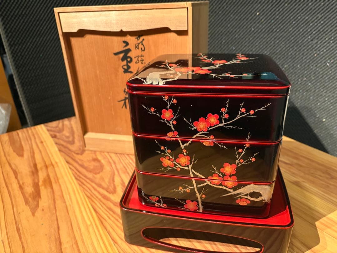 【新年売り尽くし値下げ】京漆器 蒔絵三段重（茶事用重箱）「蒔絵梅花 重箱」未使用 山田平安堂 仁清梅蒔絵 三段重 重箱 漆器 ( 継承工房 ) : 漆器 山田