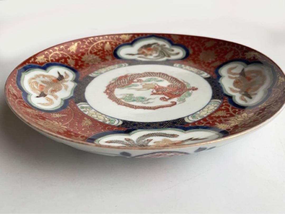 骨董 アンティーク 古伊万里 色絵 金襴手 龍宝珠鳳凰唐草文 八寸皿 丸