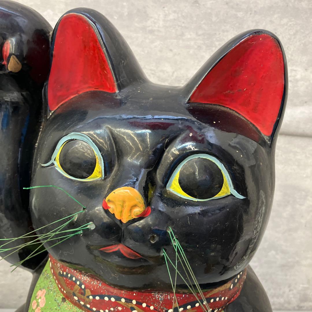 昭和レトロ 陶器製 貯金箱 黒猫 大型招き猫 まねきねこ 億万両 古道具