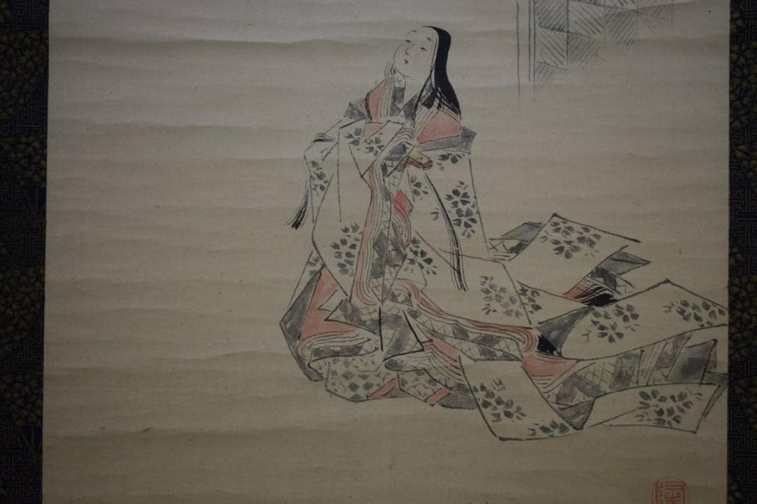 真作/高久隆古/桜下美人画/絹表装/布袋屋掛軸HH-659 kz2g9-024.jpg
