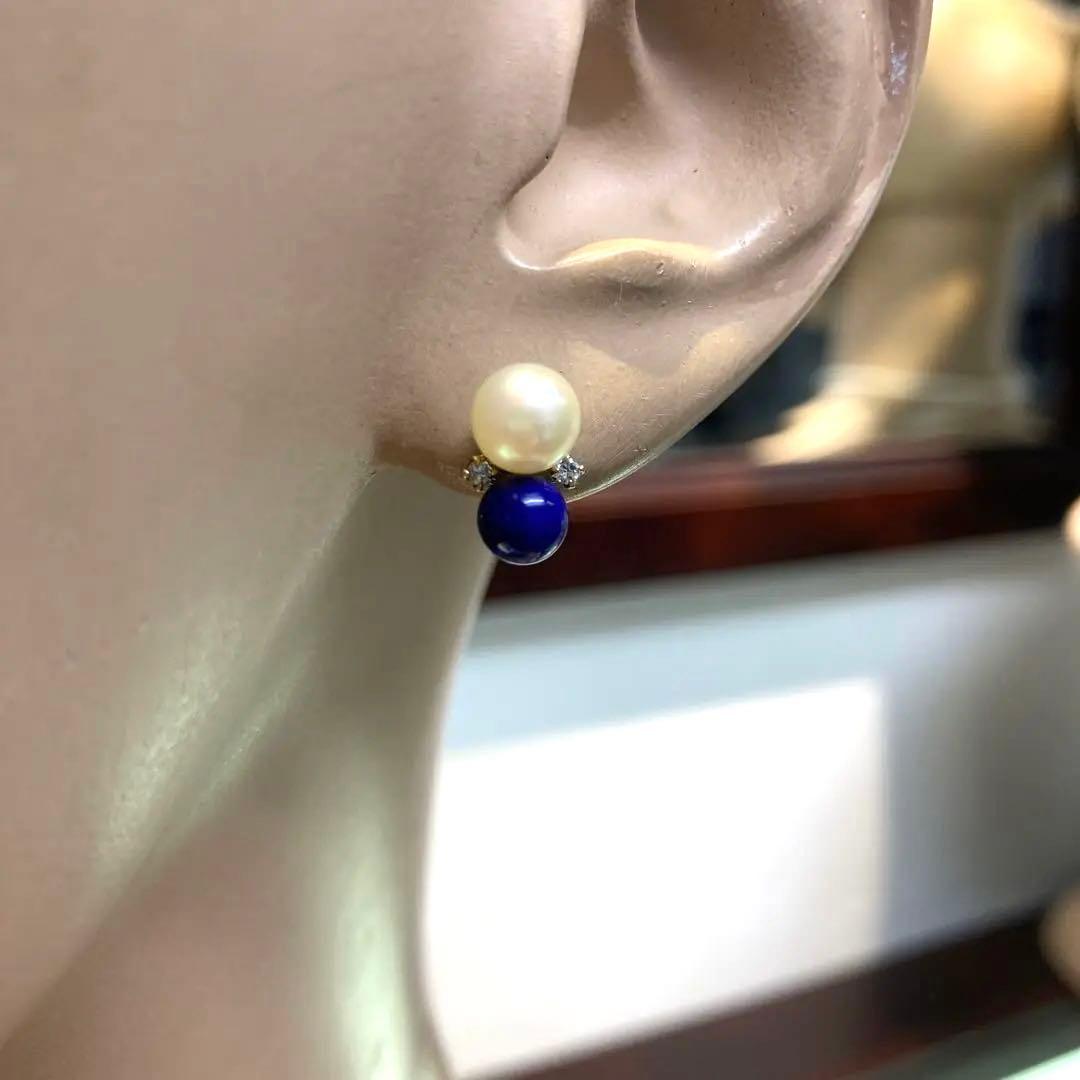 アコヤ真珠とラピスラズリとダイヤモンドの18金ピアス ラピスラズリ 三日月 ピアス 18k K18YG : ファッションジュエリー em