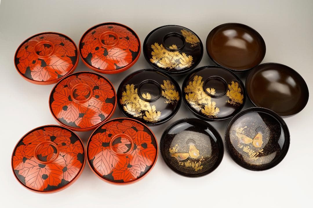 美品　輪島塗　椀忠製　鳩蒔絵　朱漆桐紋　吸物椀　十客　時代箱 輪島塗 慶塚 忍草蒔絵吸物椀 五客揃 – Gallery Nisui