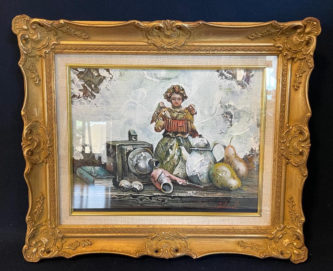 「真作」竹内敏彦『写真機』 静物画　油彩画　額装　サイン有り　F6号 竹内敏彦 絵画 油絵 肉筆油絵 風景画 山麓の民家 F6 送料無料 : アート