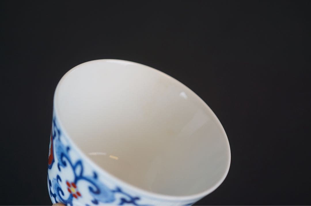 有田焼 肥前皿山 幸右衛門 作 染錦 唐花画 台付 蒸碗5客 共箱 懐石料理