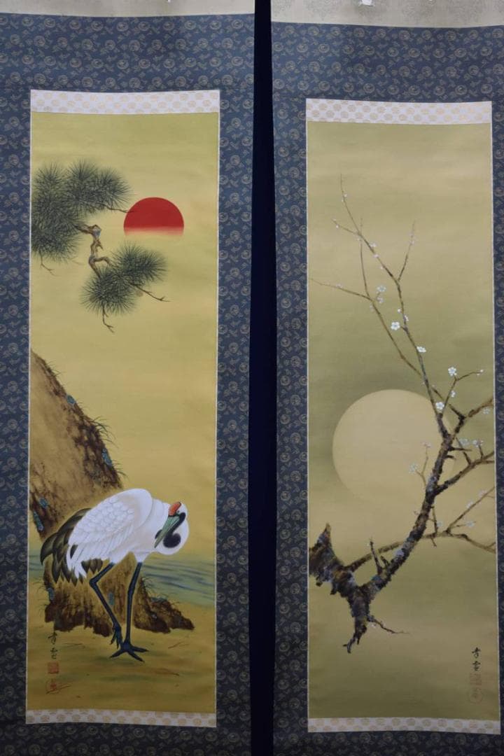 真作/国井幸雪/國井幸雪/日月/梅鶴図/双幅/桐共箱付/布袋屋掛軸HE-273 国井幸雪 梅月 | 掛軸(掛け軸)販売／表装ご依頼は掛軸いっぷく掛軸