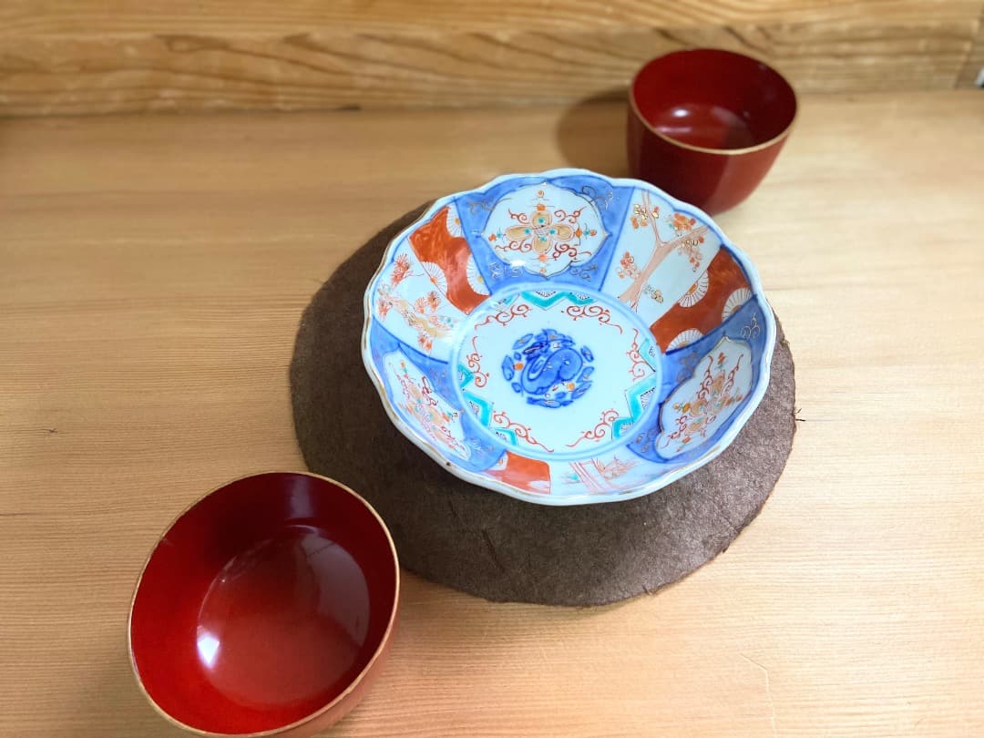 能登蔵出し 時代物 色絵 金彩 クルス窓絵文 輪花 大なます皿/深皿 膾皿
