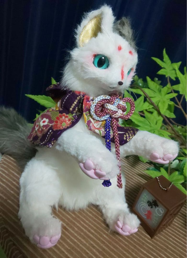 アートドール ぬいぐるみ 妖怪 ネコ 猫叉 三毛猫 ハンドメイド 国内作家 和風 アートドール 三毛猫 羊毛フェルト フェイクファー テディキャット 本