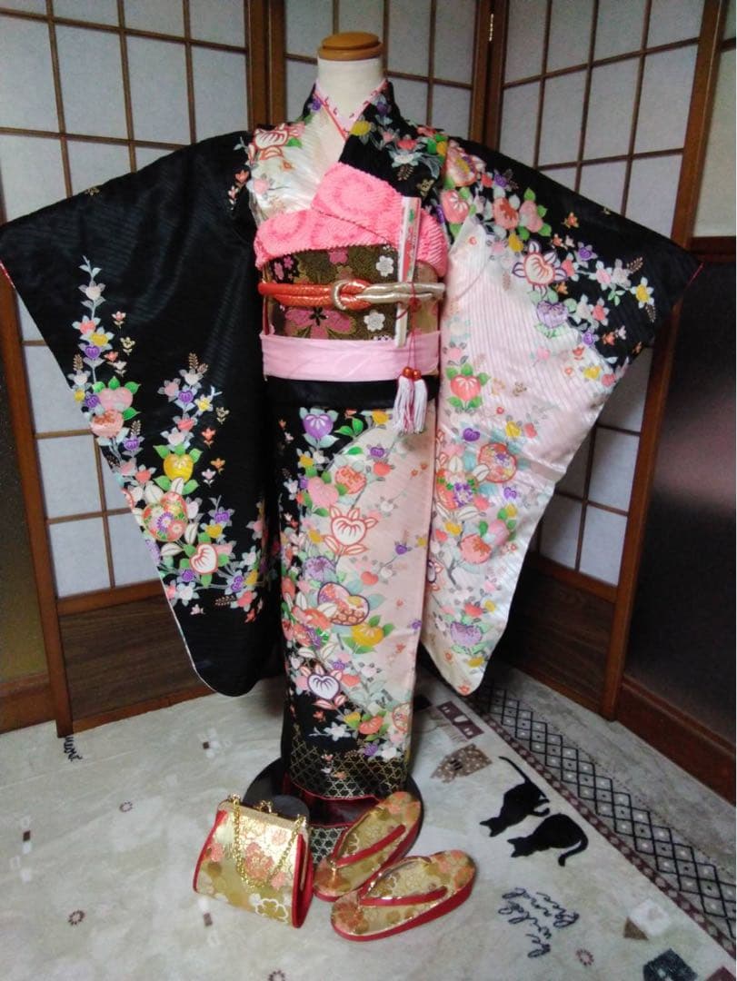 7歳向け・化繊・お着物のセット・目立たない汚れあり 20%OFF☆2/24(火)10時まで／七五三 女の子 7歳 3点セット 化繊 着物 帯