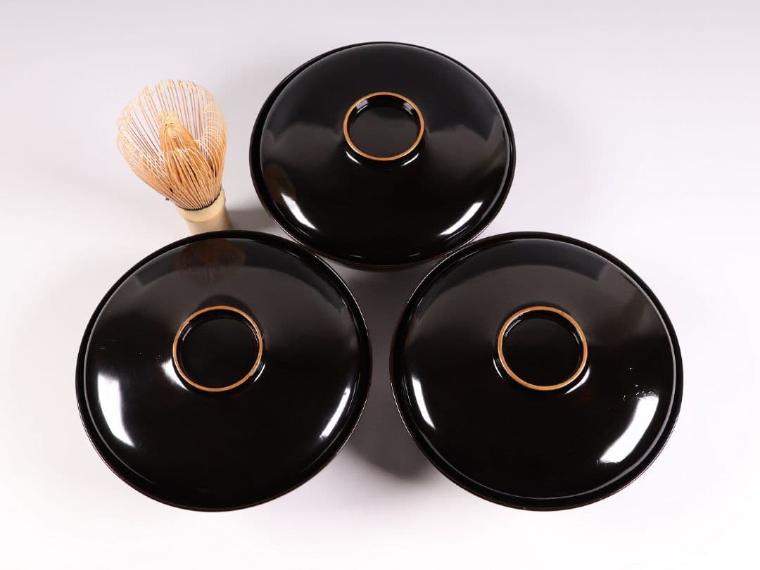 CM353】時代蒔絵椀 竹に鶏金蒔絵 平椀三客 木製 /(検) 輪島塗加賀能登