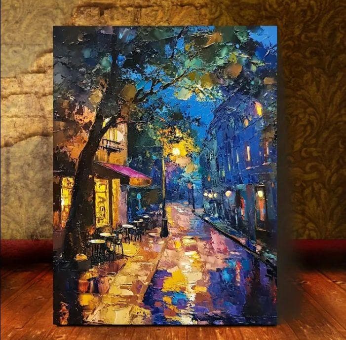 夜の街並み 油彩風景画キャンバスアートフレーム付き 30cm x 40cm