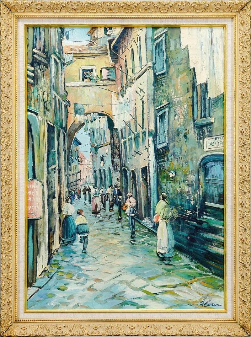 サイン有り　油彩画　１５号　大作　ナポリの下町風景「群衆と街角」 風景画 パリ 油絵「街角の青い本屋」 | iichi 日々の暮らしを心地よく