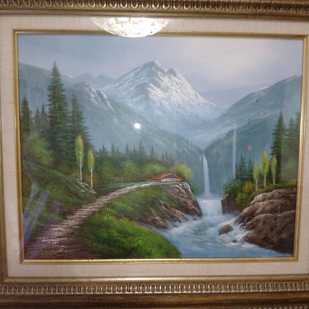 美品】風景画 油彩画 アルプス山脈 滝 作者サイン入り オーダー一点物