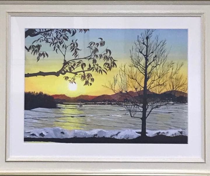 絵画　水彩画　風景画　「残雪」　shiro作　額付き　F8サイズ 雪景色・穏やかな朝」透明水彩画 原画 風景画 額縁付 SMサイズ 絵画