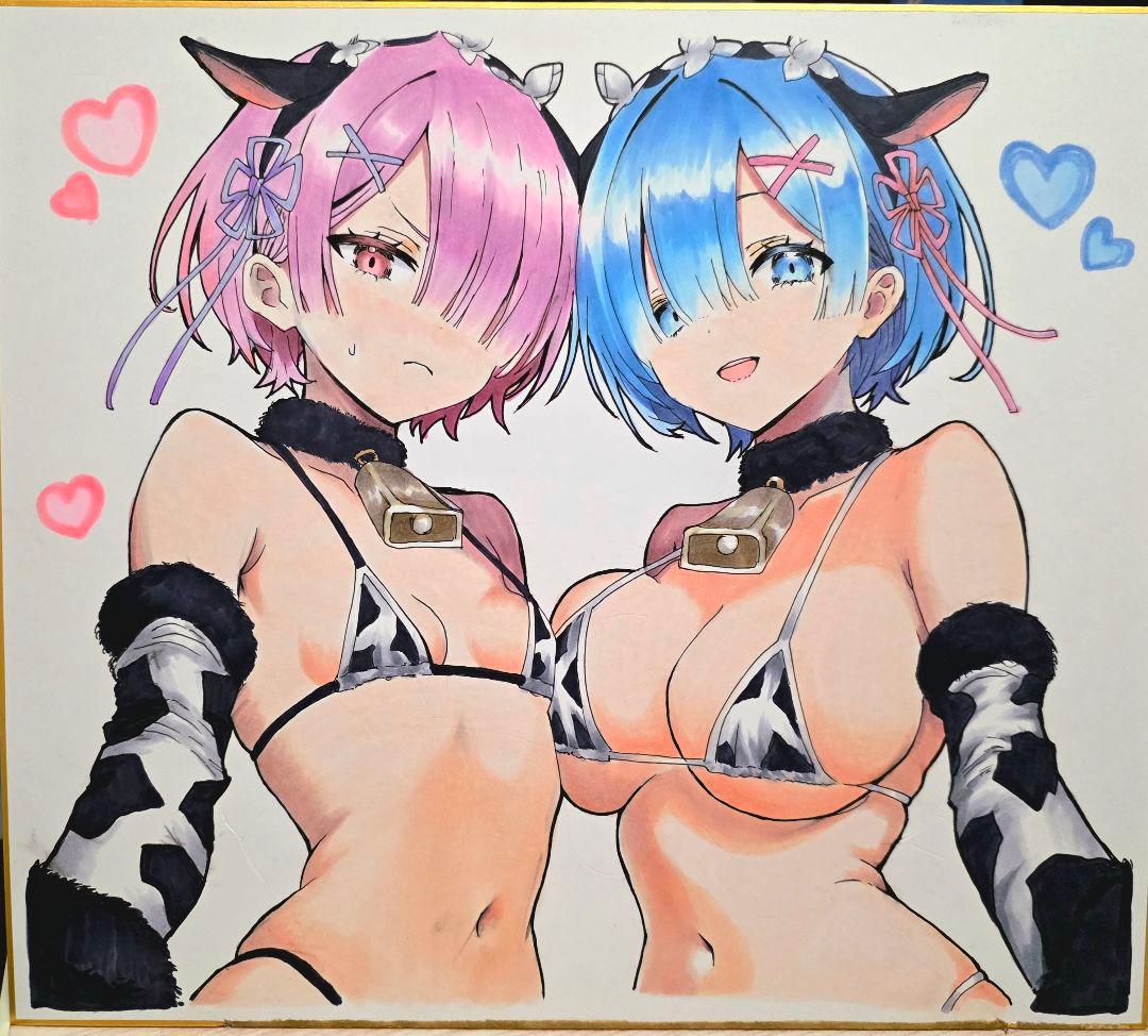 f*X様 【色紙イラスト】リゼロ　レム　ラム　牛柄ビキニコスプレ　イラスト リゼロス』ラム&レムの誕生日記念にオリジナルイラストを一挙紹介