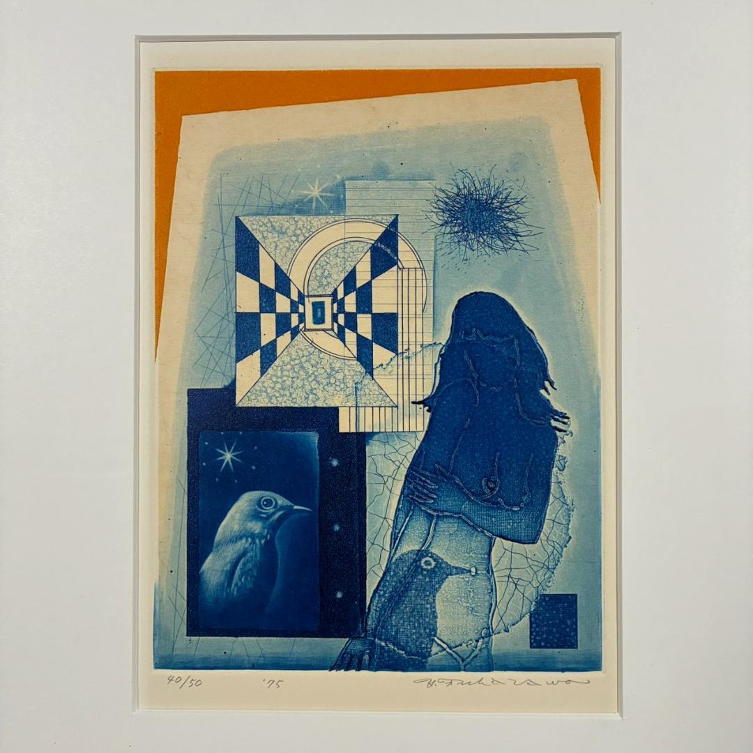 美品 深沢幸雄「女性と鳥」銅版画 彩色 1975年作 直筆サイン入り 額縁