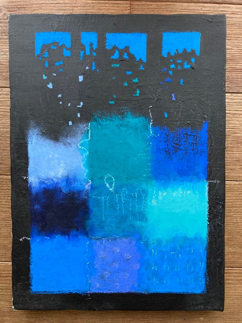 タイトル「青派」オイルパステル画　絵画　青い絵 アクリル画 オイルパステル画 桜と青い花咲く丘 キャンバスアート ご