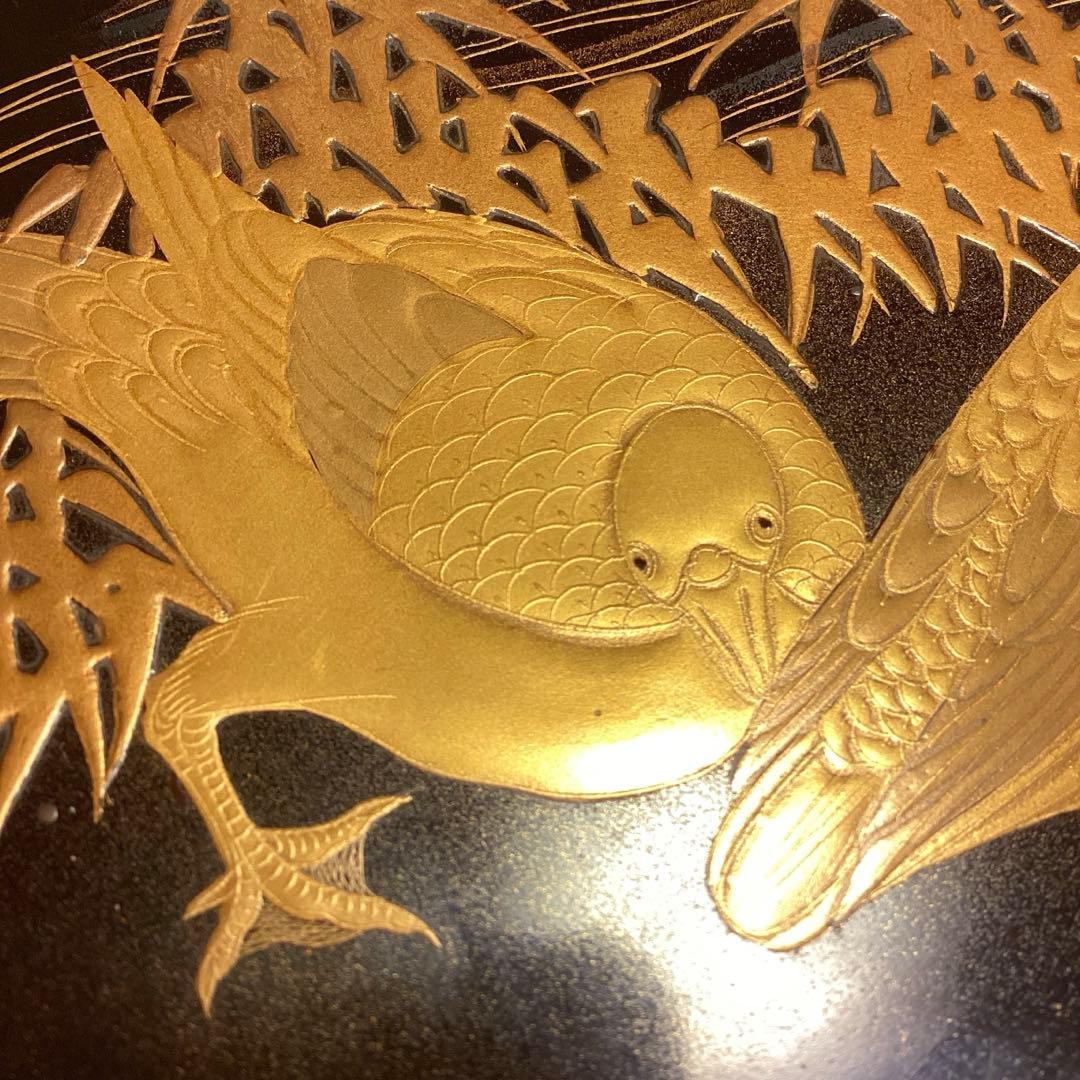 A1020木製輪島塗 水辺に雁 金蒔絵盆 金縁 蒔絵 菓子盆 香盆