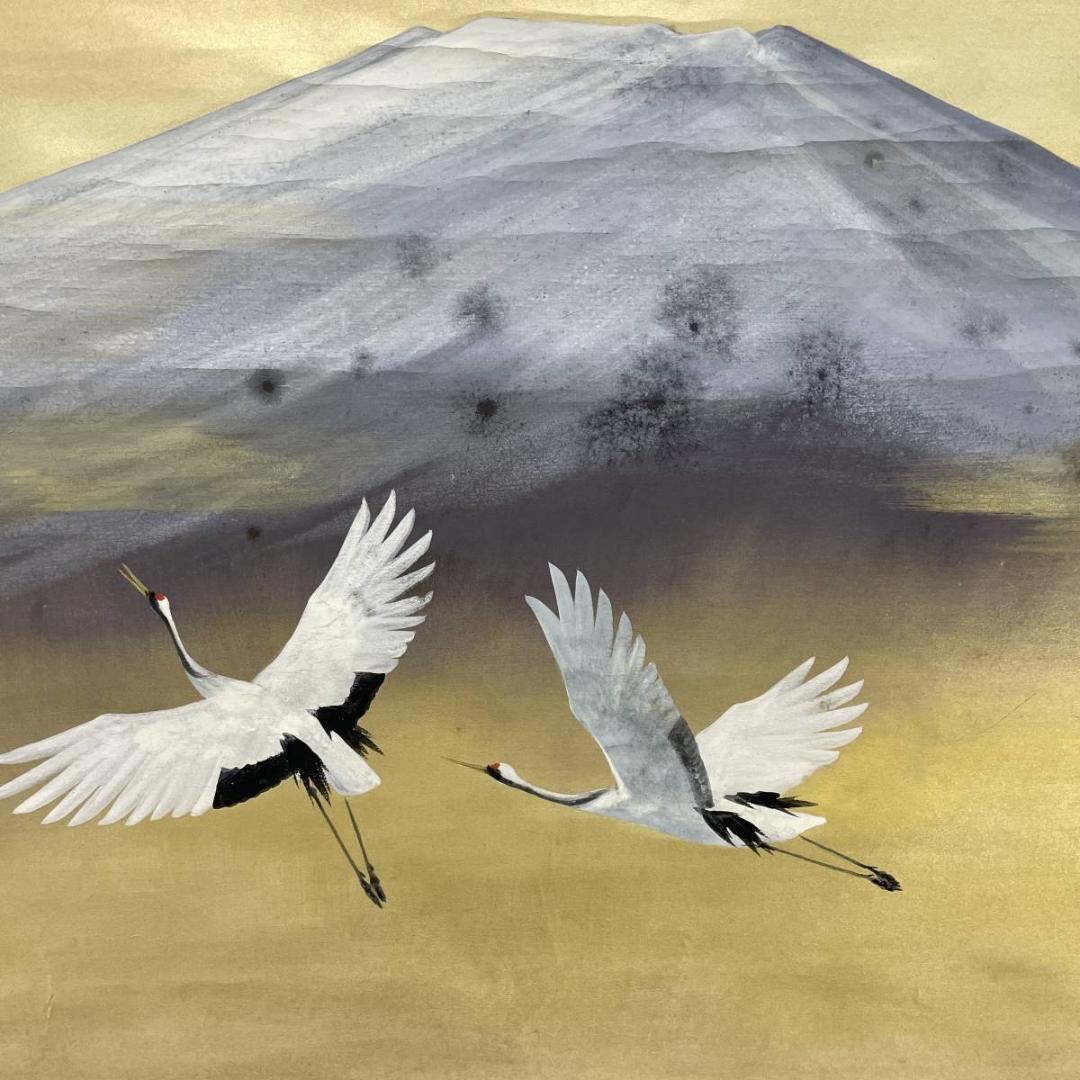 真作/川村憲邦/富士舞鶴図/鶴/花鳥/瑞祥/桐共二重箱付/布袋屋掛軸A-231 真作/川村憲邦/富士舞鶴図/鶴/花鳥/瑞祥/桐共二重箱付/布袋屋掛軸A-231