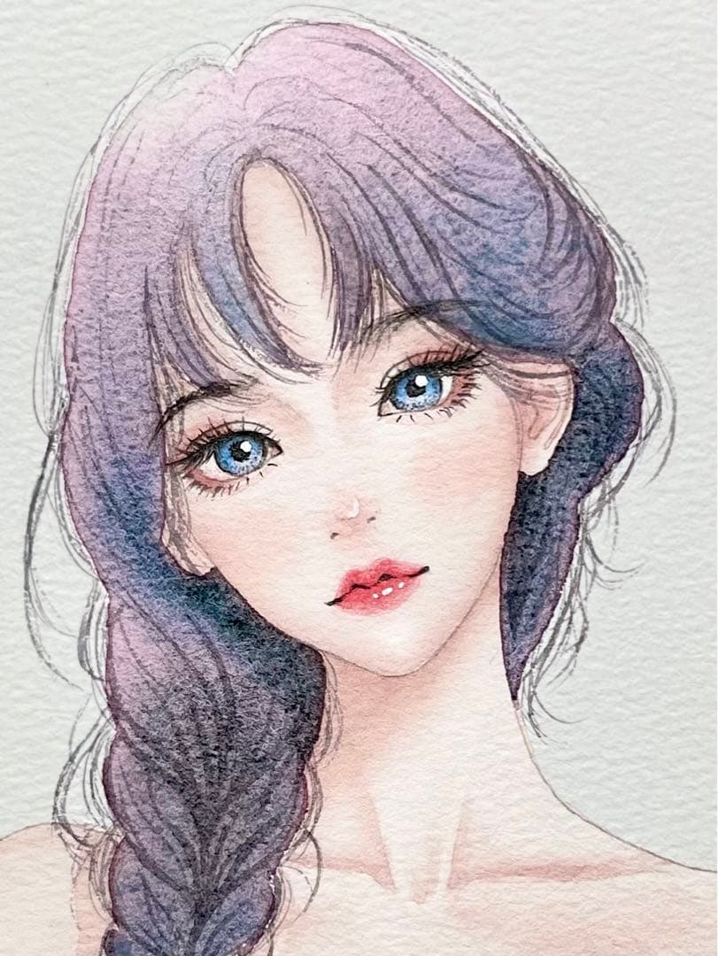 手描きイラスト 水彩画 原画 三つ編みの女の子 - メルカリ