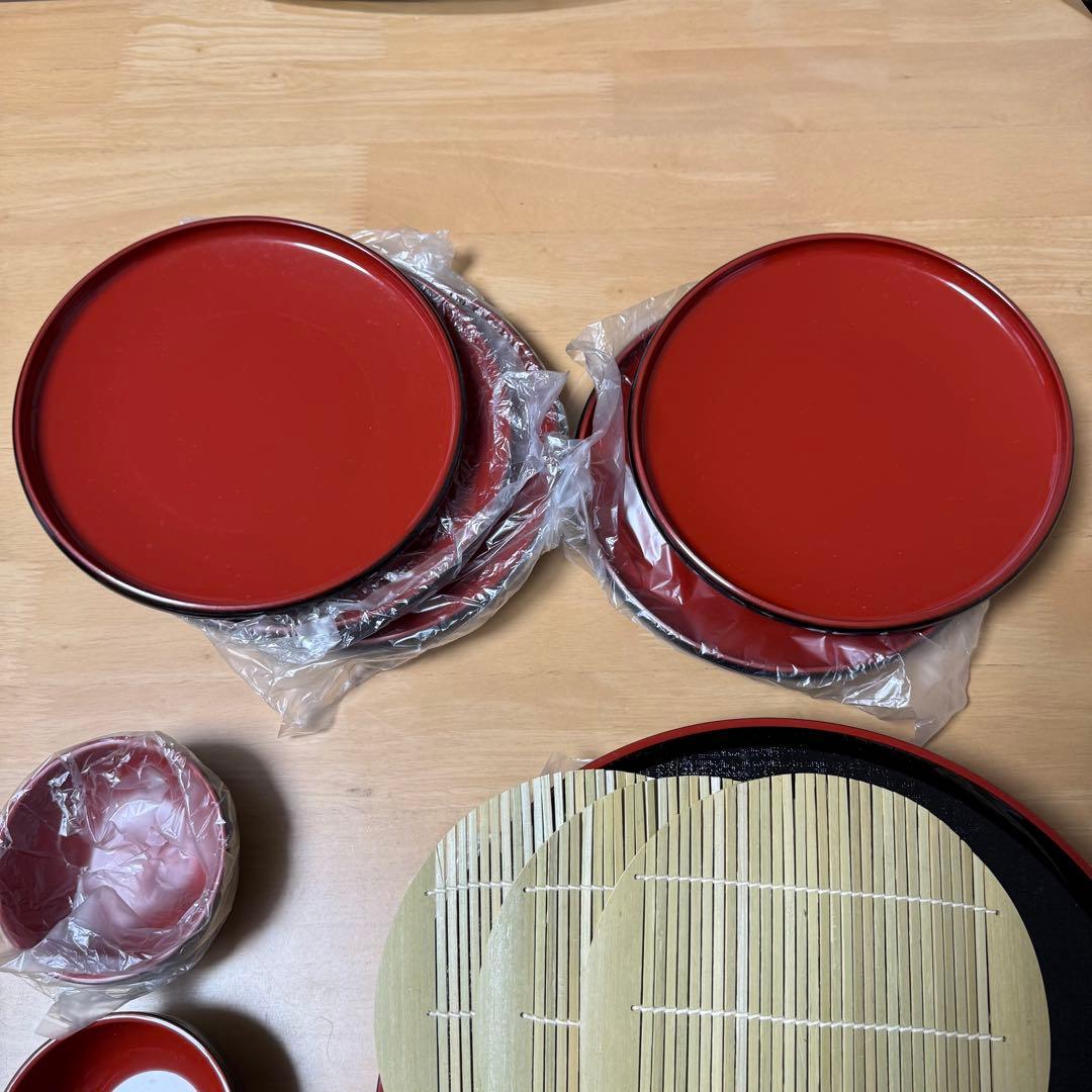 ざるそば 器 竹すだれ お盆 朱渕黒 セット 美品