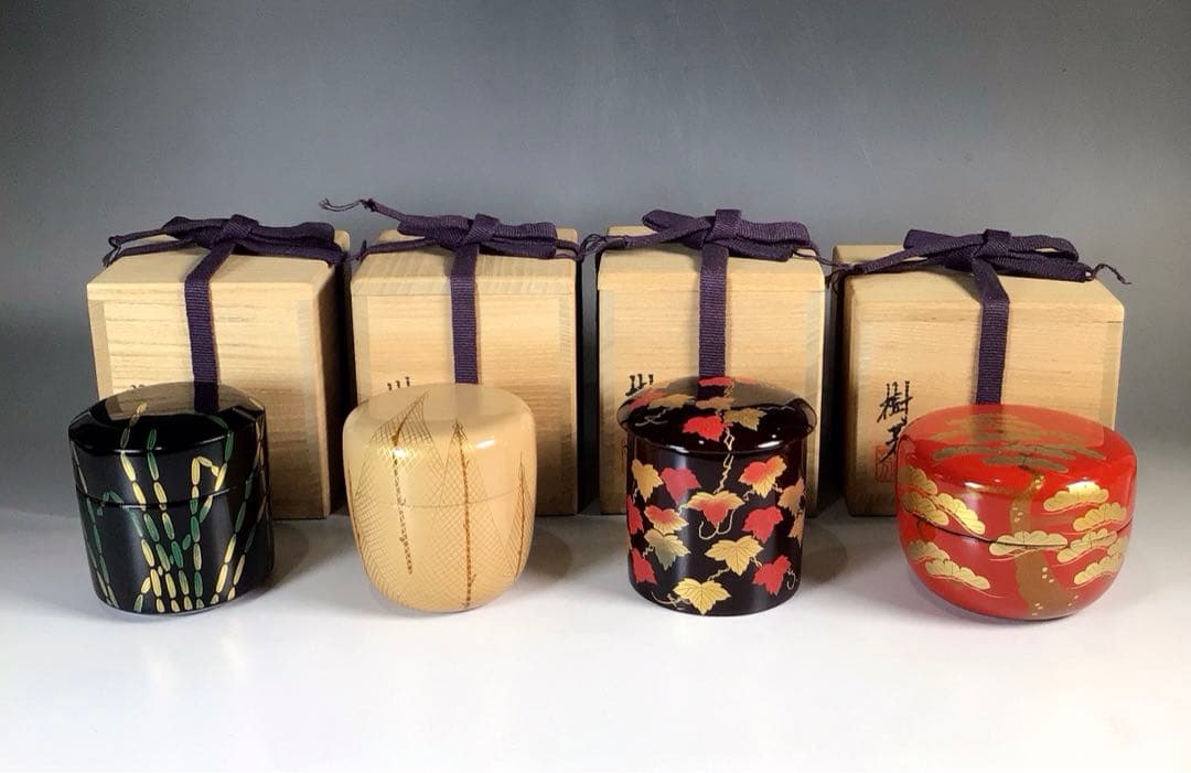 Ｎ４８２　四季棗　『荒井樹芳作』『雪吹　中棗　金輪寺　平棗』　共箱　茶道具 網目春秋蒔絵中棗 北村葵春造 共箱 : 茶道具商 越中屋 - 通販 - Yahoo