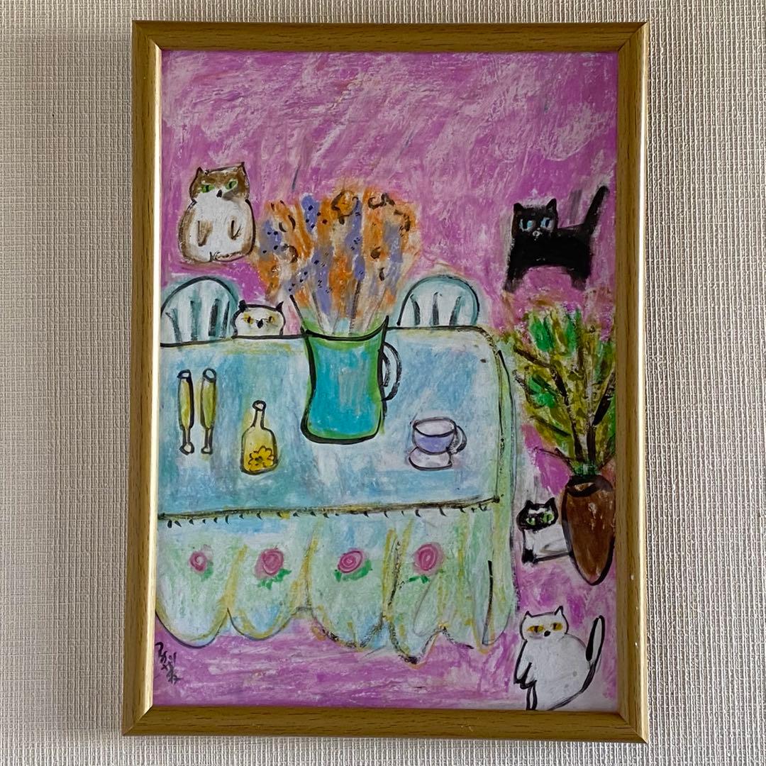 絵画 。手描き【猫たちはテーブルの周りで花瓶の中のきれいな花を見ている】 楽天市場】絵画 額絵 額入りアート 千春 「ほのぼのねこ」j3-b010 F6