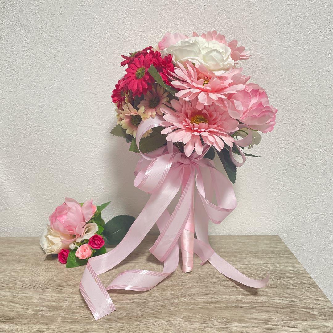 ハンドメイド ウェディングブーケ ブートニア ブーケ リボン付き 結婚