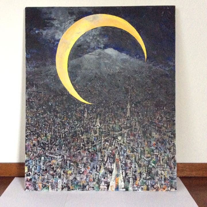 三日月の中の富士（アクリル画） 満園 #満園和久#みつぞの#mitsuzono #アクリル画 picture 富士山赤富士