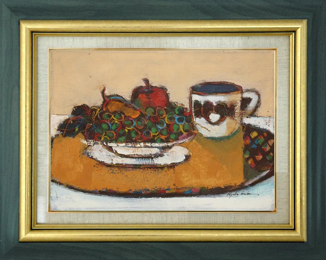 油絵菅家令子絵 絵画インテリア額付(青緑＋金色の枠)uF6-061204