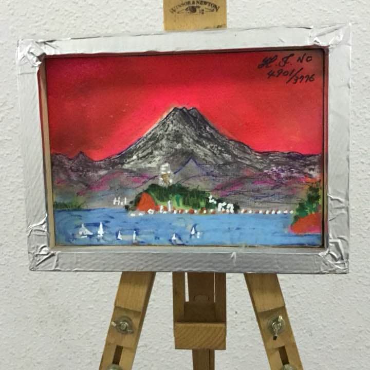 油絵赤富士、SMの小品、画家、糸川裕志の富士山曼荼羅ポップアート２点セット 空飛ぶ前衛抽象画家の糸川裕志のポップアートの富士山曼荼羅の中の一点